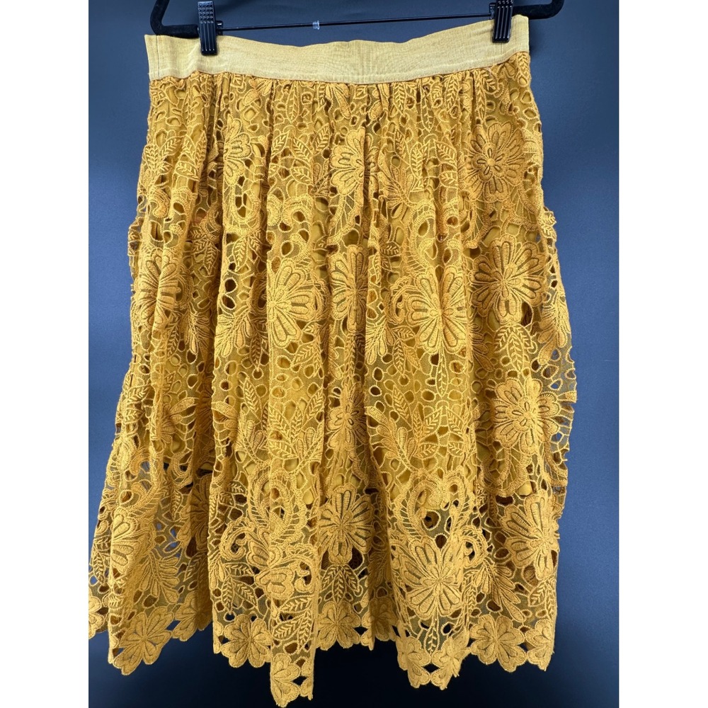 Ann Taylor Mustard Yellow Floral Eyelet Lace Midi Skirt Size 12 A-Line - Picture 9 of 9